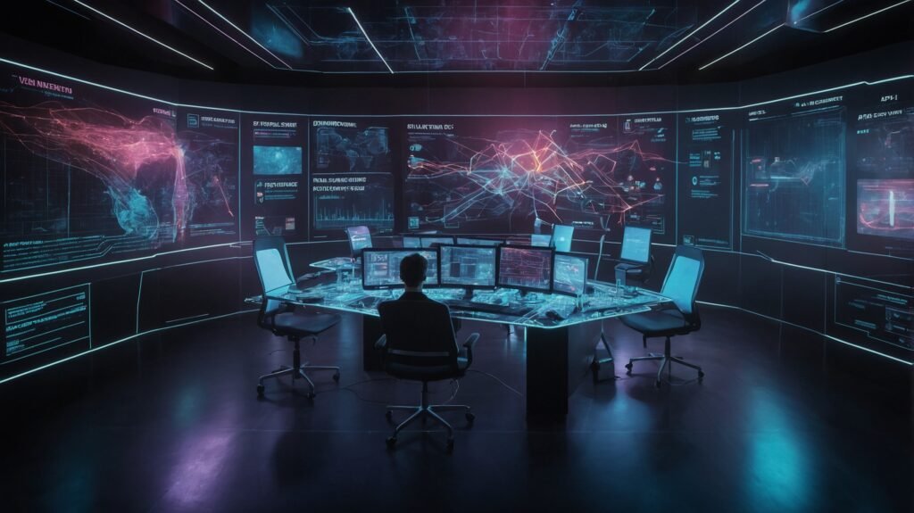 Futuristic control room showcasing API integrations and data flow