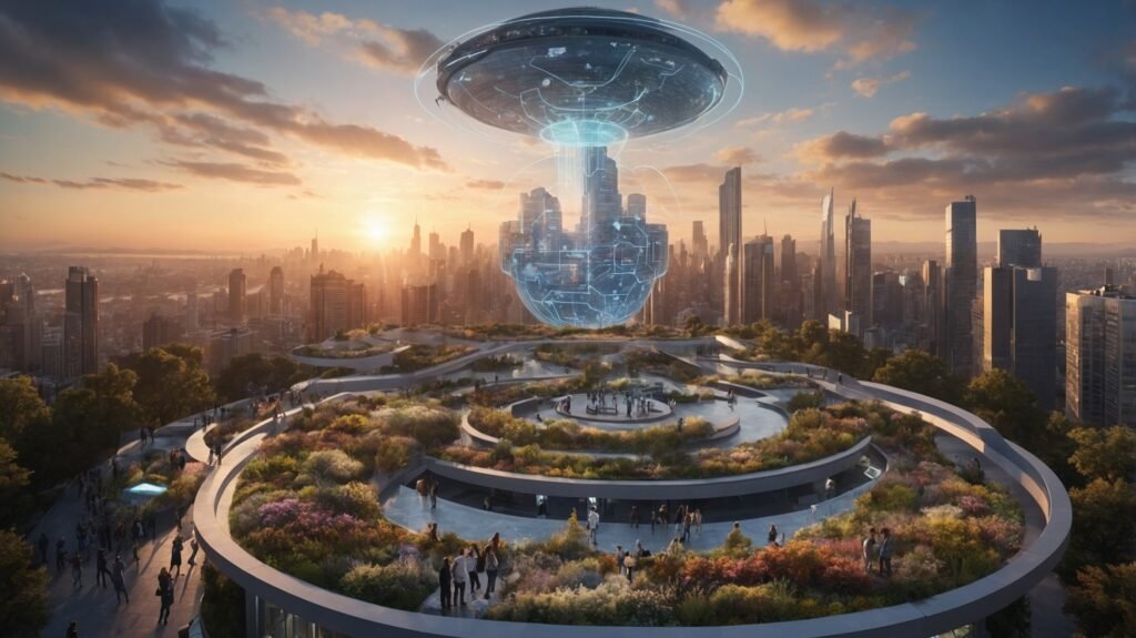Futuristic cityscape with people using AI technology, blending with natural sunset