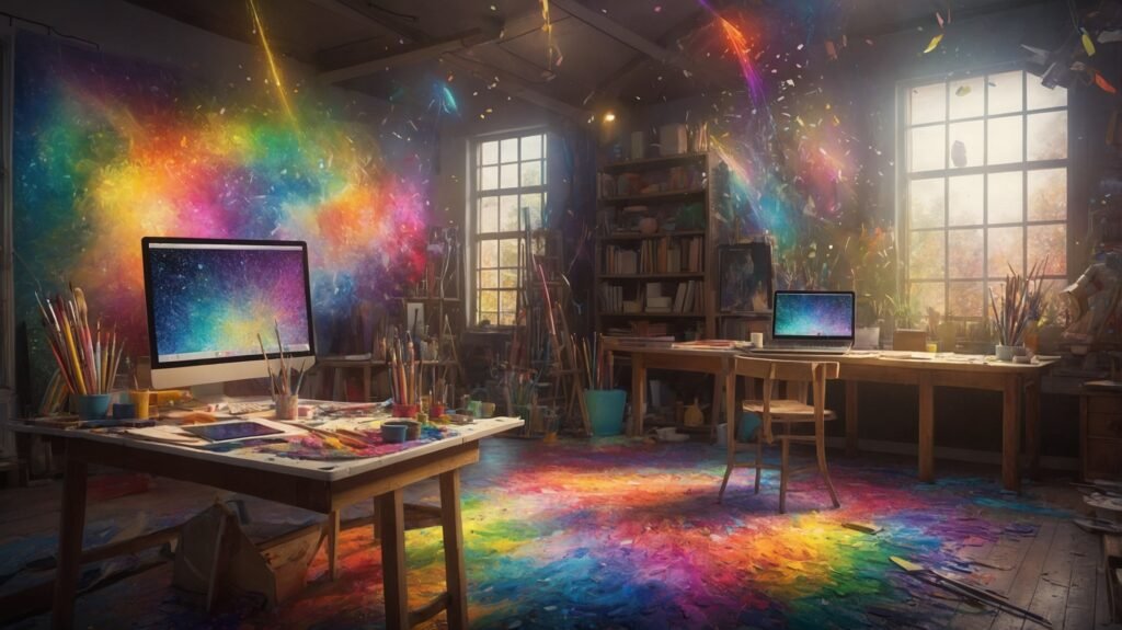 Magical artist's studio with AI core generating images from text prompts