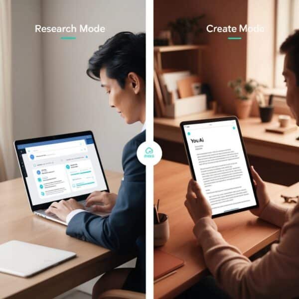 Person using You AI personalized assistant for research and content creation
