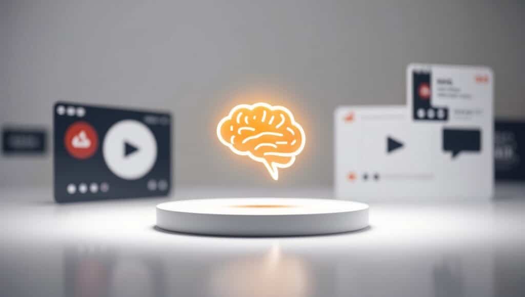 Concept of viral video creation with brain and social media icons