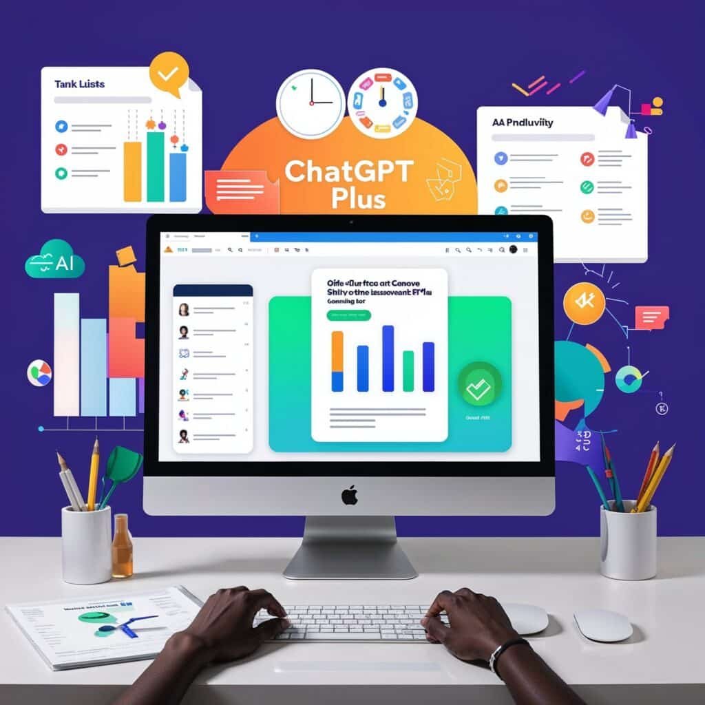 User interacting with ChatGPT Plus on desktop, surrounded by charts and task lists, representing enhanced productivity and efficiency.