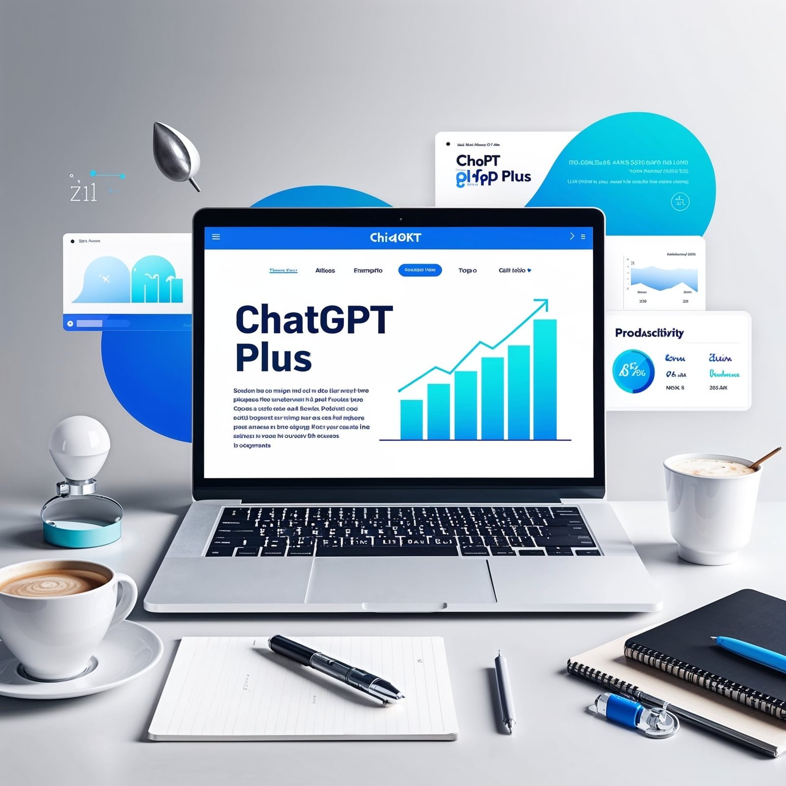 Professional workspace with laptop displaying ChatGPT Plus interface, symbolizing advanced AI productivity tools.