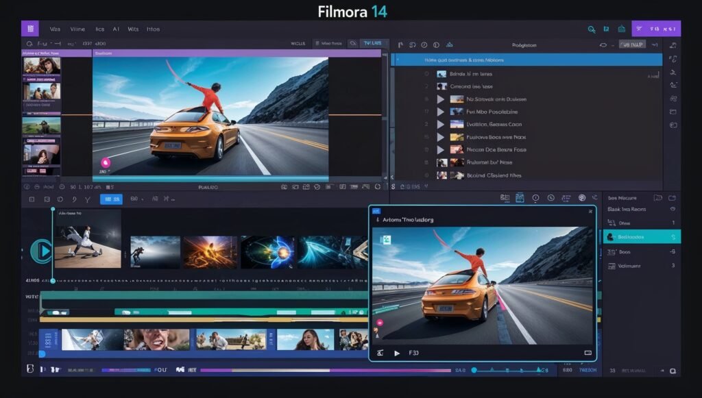 Filmora 14 interface showcasing new features like motion tracking and AI tools
