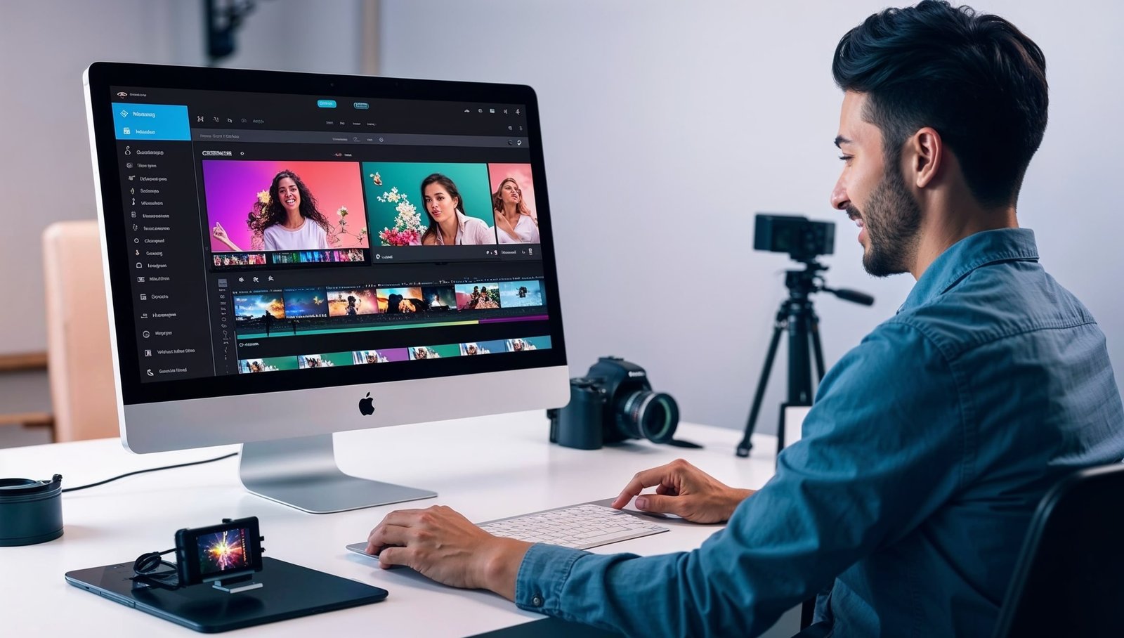 Content creator using Filmora 14 video editing software on a computer