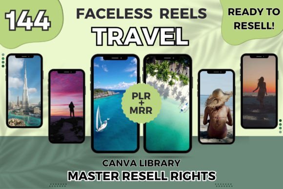 144 Editable Faceless Travel Reels – Canva Templates with PLR MRR License
