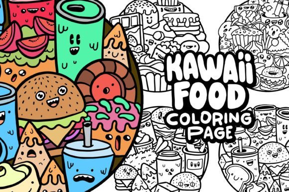30 Kawaii food coloring pages bundle for kids & adults