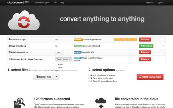 CloudConvert Dashboard Showing File Format Options