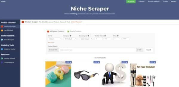 NicheScraper Pro dashboard with product insights and ad tools